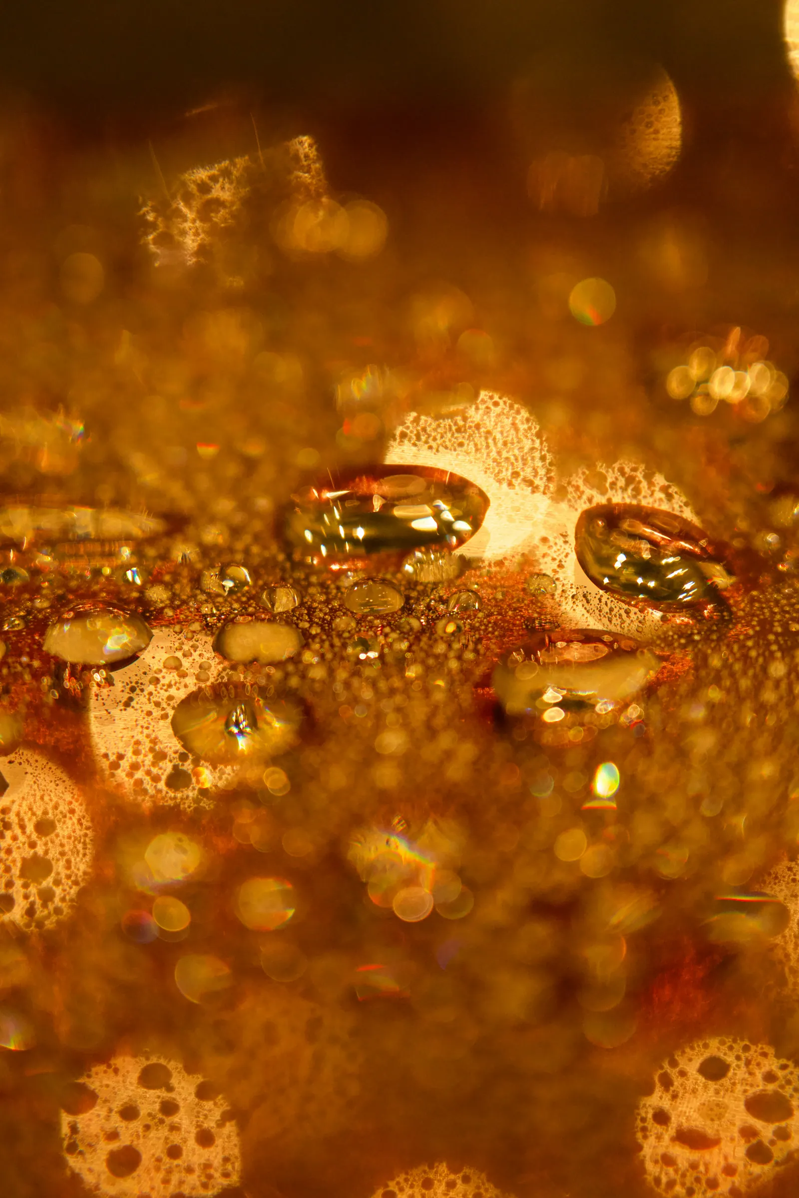 Macro of golden oil droplets catching light